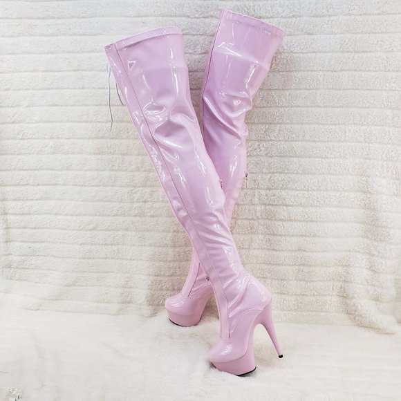 Baby Pink White Patent Platform Thigh High Heel Front Zipper / Lace up Boots - Picture 2 of 12